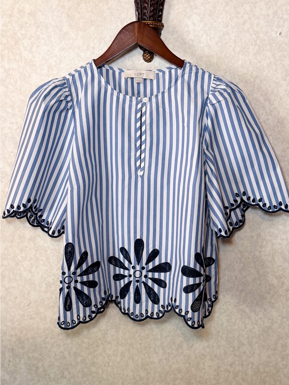 LOFT Blue and White Striped Embroidered Flutter-Sleeve Blouse - Picture 2 of 8